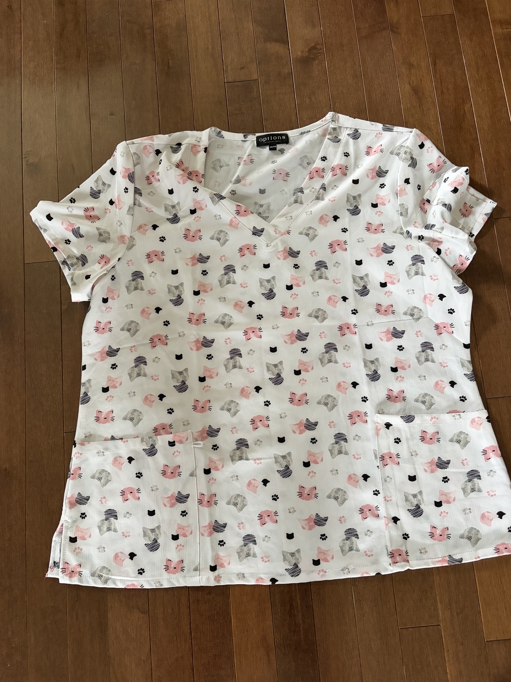 Options V-Neck Cat Print Scrub Top in White and Pink